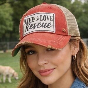 Headmost Live Love Rescue Distressed Trucker Hat Coral Dog Mom Cap NWOT